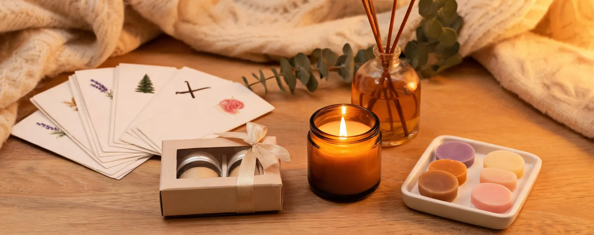Candle buying guide table with scent cards and gift sets