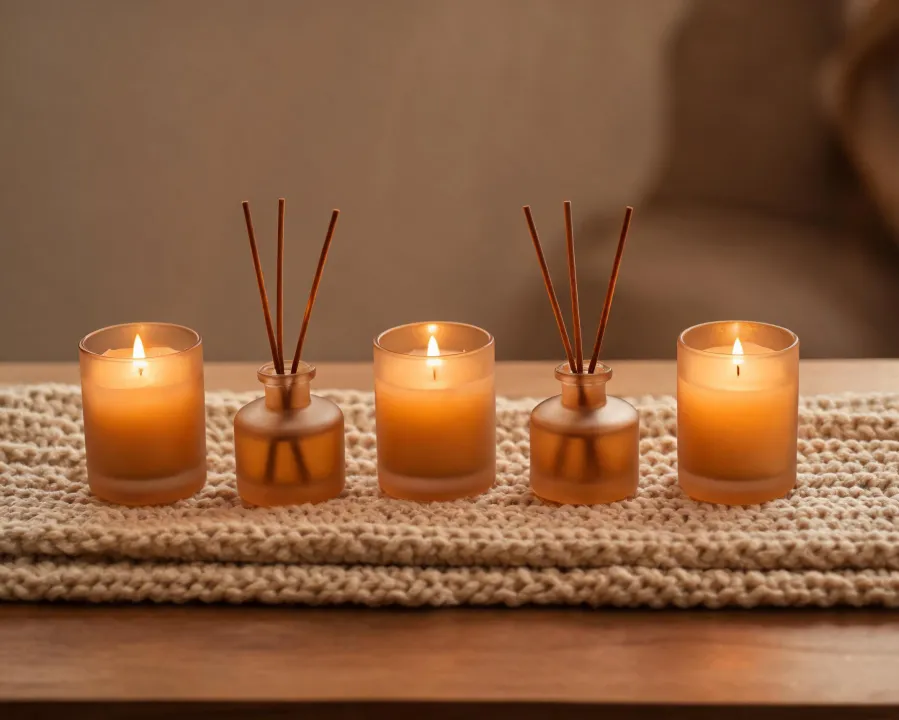 Scented candles and reed diffusers arranged in warm candlelight