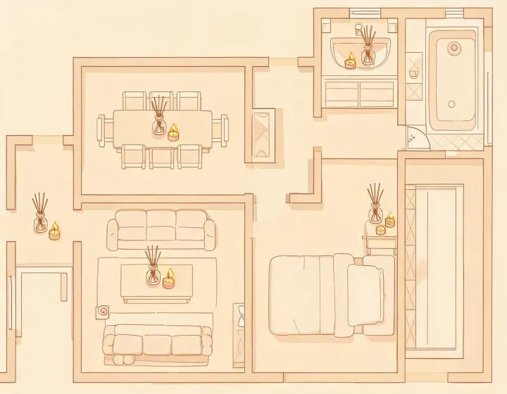 Illustrated home map with candle moments by room