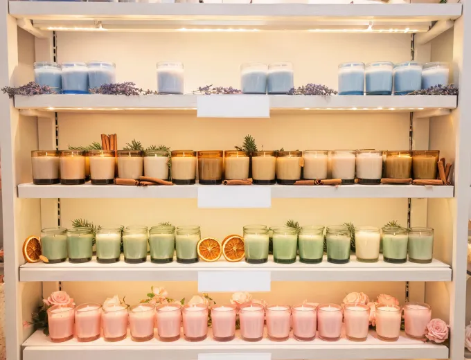 Retail candle shelf organized by fragrance mood